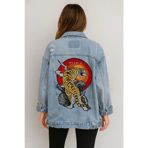 American Eagle Outfitters Jackets & Blazers - Japanese TIGER Sunset Retro Distressed Denim Jacket Oversized Distressed Sz SP